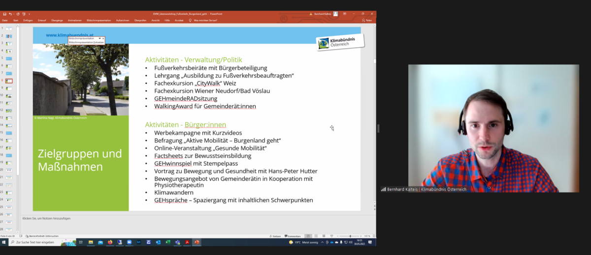Screenshot von einem Webinar. Ein Mann spricht über Maßnahmen im Bereich Aktive Mobilität.