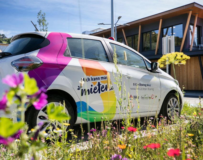 Carsharing-Auto der Stadtgemeinde Weiz, Wildblumenwiese im Vordergrund