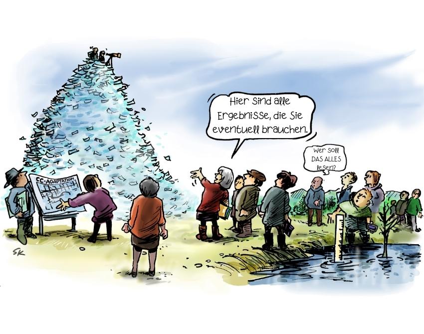 Comicdarstellung von Wissenschaftler:innen vor einem großen Berg von Papier. Sie sagen: Hier sind alle Ergebnisse, die ihr braucht. Die Menschen, die dabei stehen fragen: "Wer soll das alles lesen?"