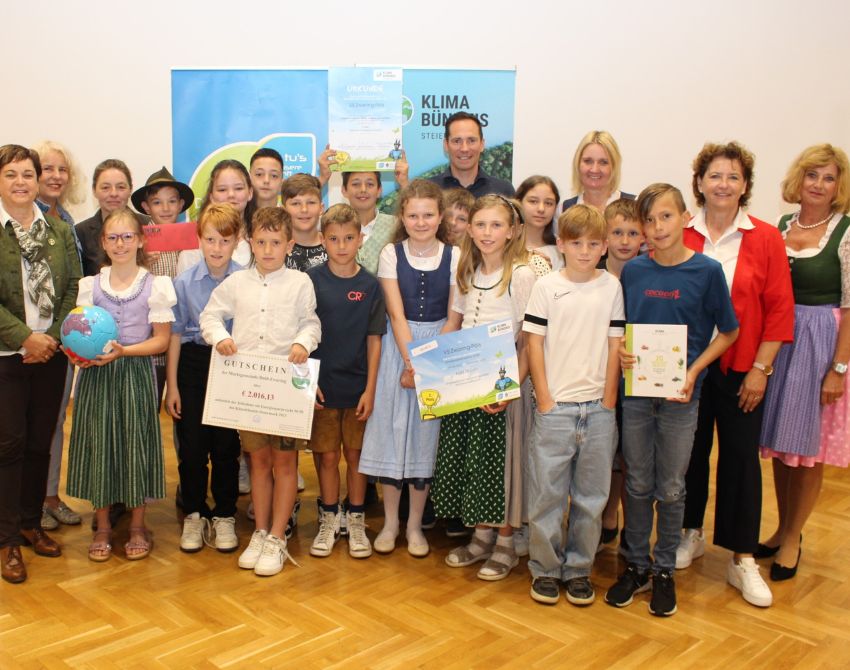 Gruppenbild von Kindern mit Urkunden, einem großen Scheck und Gutscheinen in der Hand, und einem Fußball, mit Erwachsenen am Bildrand, dahinter zwei Roll-Ups