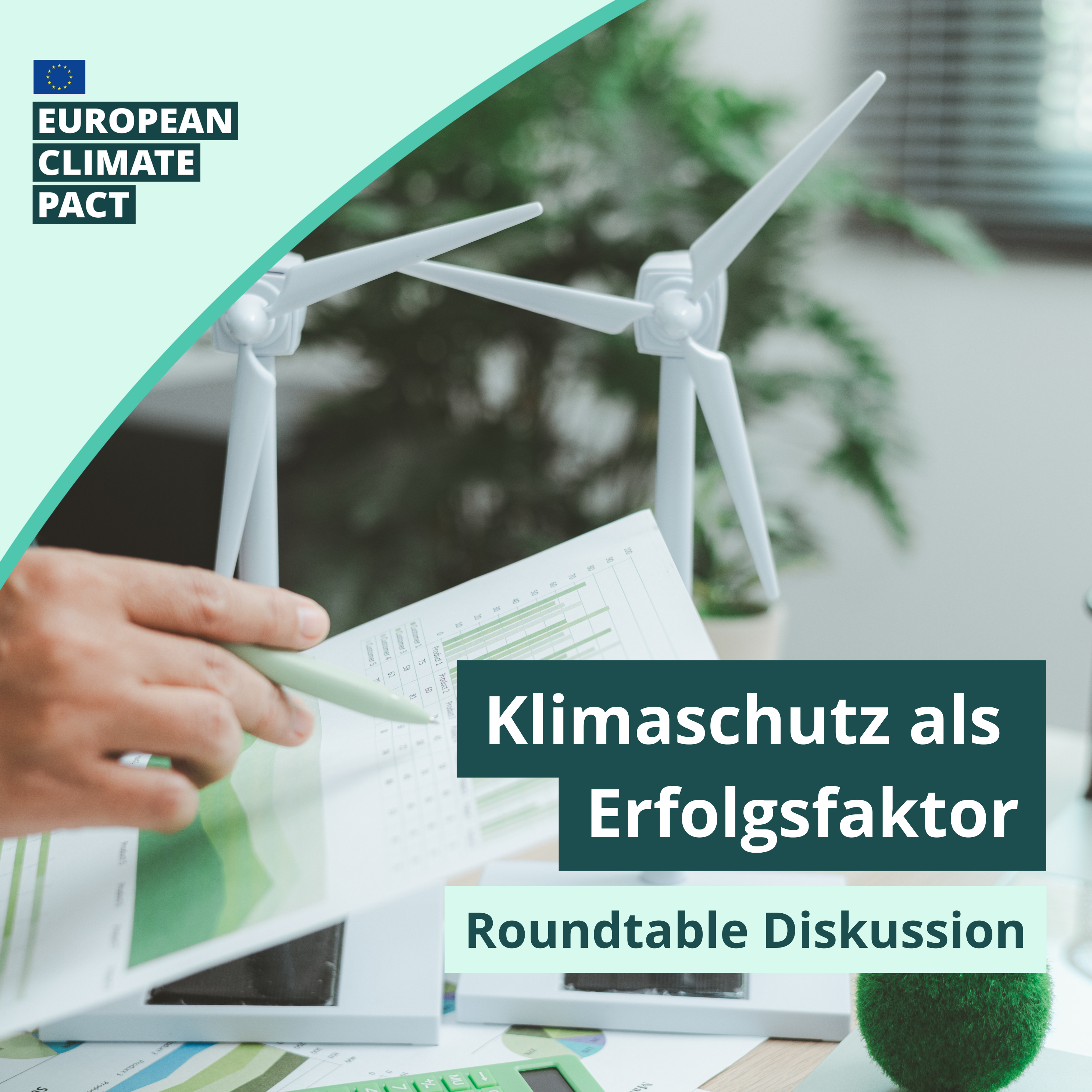Grafik: ‚Klimaschutz als Erfolgsfaktor – Roundtable Diskussion‘ mit Windrad-Modellen und Logo des European Climate Pact
