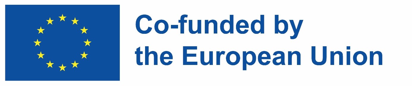 links Europäische Flagge: zwölf gelbe Sterne auf dunkelblauem Hintergrund, rechts dunkelblauer Schriftzug "Co-founded by the European Union"